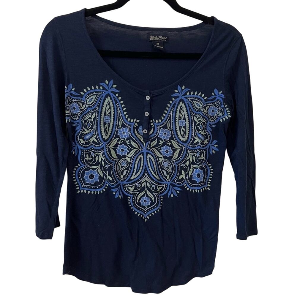 Lucky Brand Navy Floral Rosemaling 3/4 Sleeve Top XS